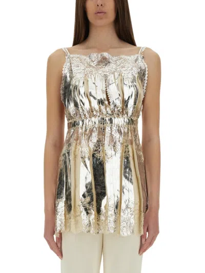 Shop Rabanne Laminated Pleated Satin Top With Lace Detail