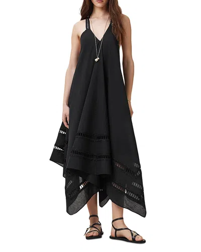 Allsaints Womens Lil Embroidered-trim Asymmetric-hem Cotton Maxi Dress Black In Black