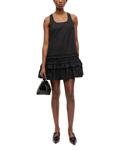 Ganni Ruffle Sleeveless Square Neck Mini Dress In Black