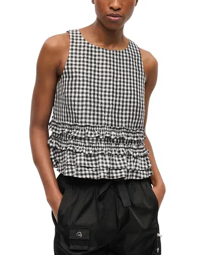 Ganni Crinkled Taffeta Check Open Back Frill Top