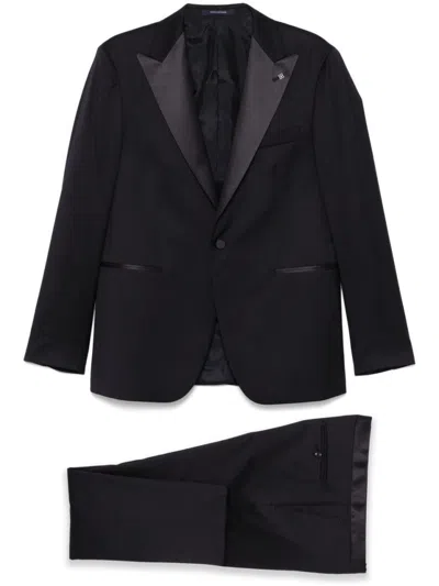 Tagliatore Blue Tailored Suit With Satin Lapel And Shoulders