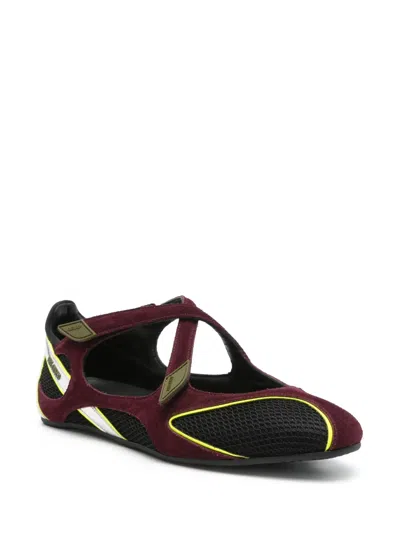 Attico Nomad Bordeaux Ballet Shoes With Criss-crossed Straps And Mesh Panels In Tech Fabric And Suede Woman In Burgundy