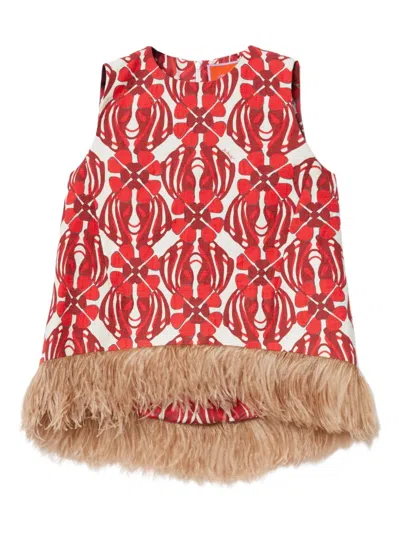 La Doublej Icon La Scala Feather-trimmed Printed Stretch-cotton Tweed Top In Red