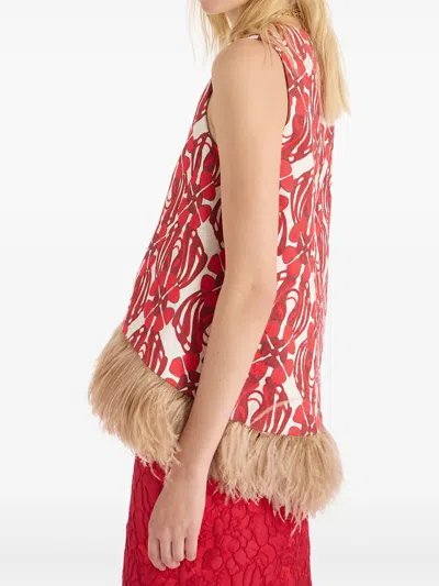 La Doublej Icon La Scala Feather-trimmed Printed Stretch-cotton Tweed Top In Red