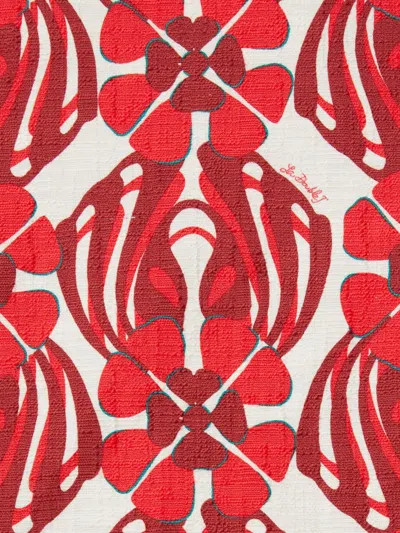 La Doublej Icon La Scala Feather-trimmed Printed Stretch-cotton Tweed Top In Red