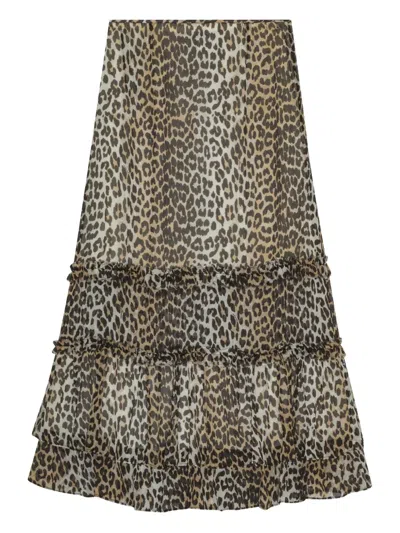 Ganni Animal Print Flared Layered Leopard Skirt In Brown