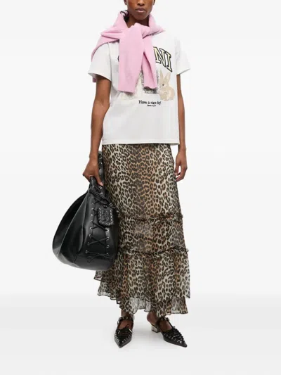 Ganni Animal Print Flared Layered Leopard Skirt In Brown