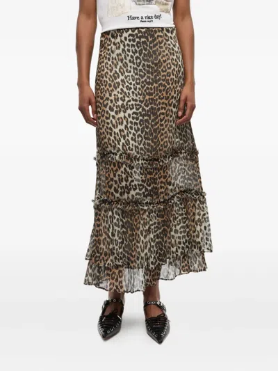 Ganni Animal Print Flared Layered Leopard Skirt In Brown