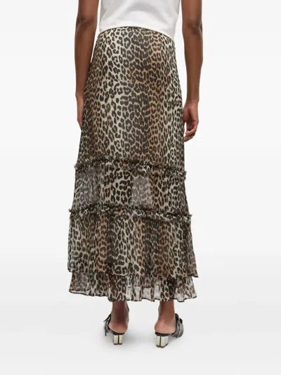 Ganni Animal Print Flared Layered Leopard Skirt In Brown
