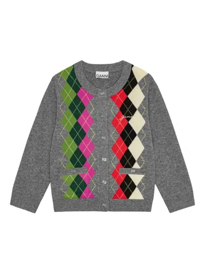 Ganni Argyle-pattern Logo-embroidered Cardigan In Multi