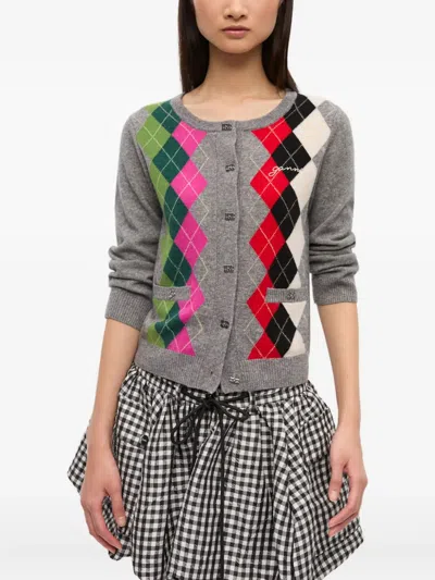 Ganni Argyle-pattern Logo-embroidered Cardigan In Multi