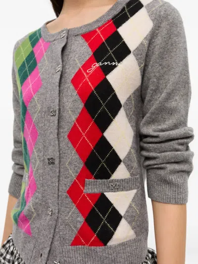 Ganni Argyle-pattern Logo-embroidered Cardigan In Multi