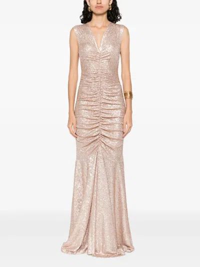 Norma Kamali Peach Fishtail Shirred Long Dress In Pink