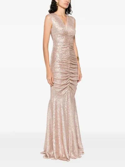 Norma Kamali Peach Fishtail Shirred Long Dress In Pink