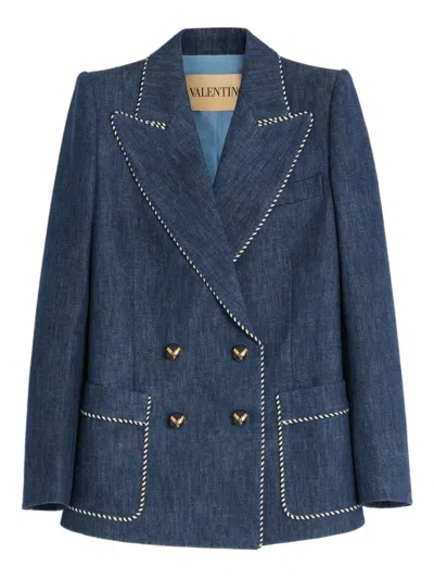 Valentino Double-breasted Chambray Blazer In Blue