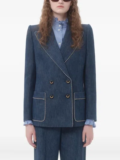 Valentino Double-breasted Chambray Blazer In Blue