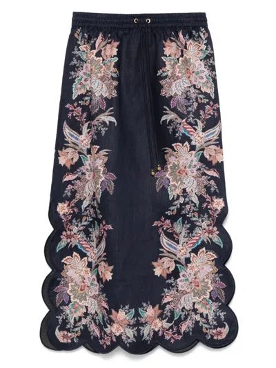Zimmermann Rhiannon Scallop Midi Skirt In Navy Blue Multicolored Paisley Pattern