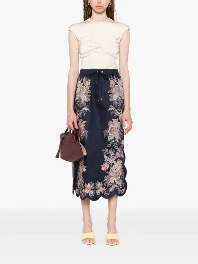 Zimmermann Rhiannon Scallop Midi Skirt In Navy Blue Multicolored Paisley Pattern