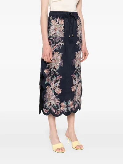 Zimmermann Rhiannon Scallop Midi Skirt In Navy Blue Multicolored Paisley Pattern