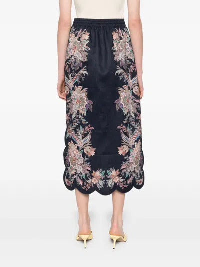 Zimmermann Rhiannon Scallop Midi Skirt In Navy Blue Multicolored Paisley Pattern