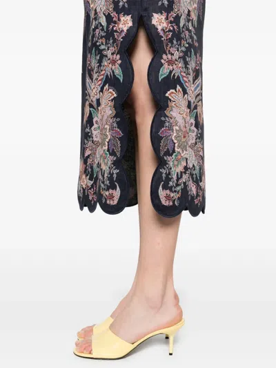 Zimmermann Rhiannon Scallop Midi Skirt In Navy Blue Multicolored Paisley Pattern