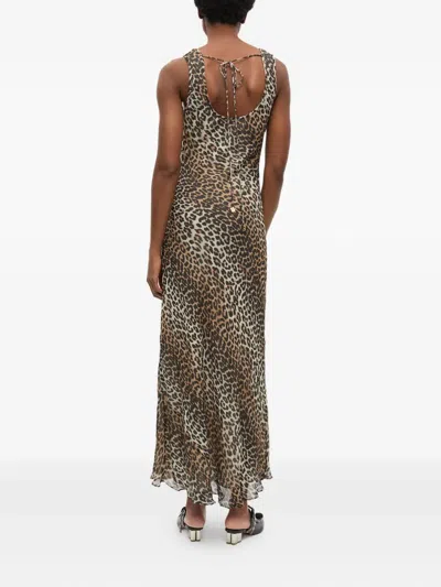 Ganni Animal Print Scoop Neckline Floor-length Dress In Brown