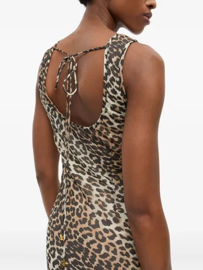 Ganni Animal Print Scoop Neckline Floor-length Dress In Brown