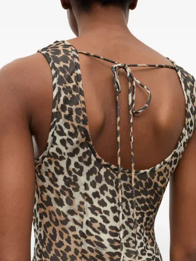 Ganni Animal Print Scoop Neckline Floor-length Dress In Brown