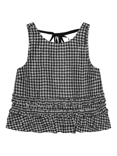 Ganni Crinkled Taffeta Check Open Back Frill Top