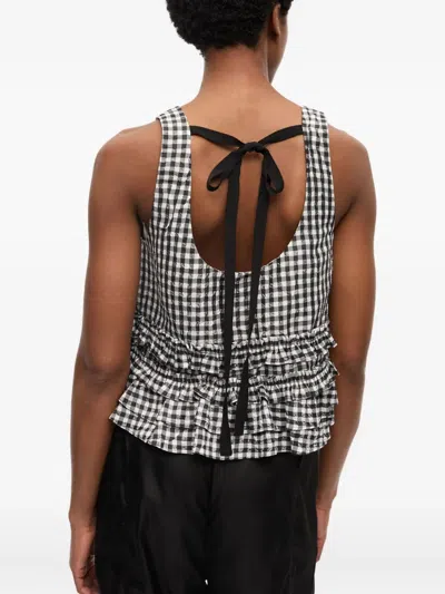 Ganni Crinkled Taffeta Check Open Back Frill Top