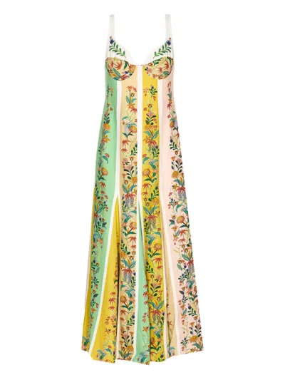 Farm Rio Delicate Floral Stripes Midi Dress In Green