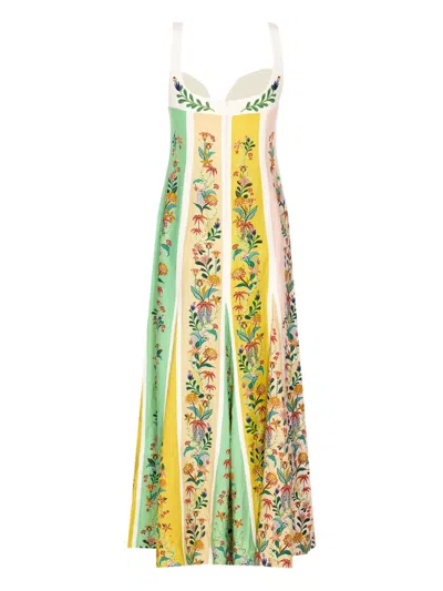 Farm Rio Delicate Floral Stripes Midi Dress In Green