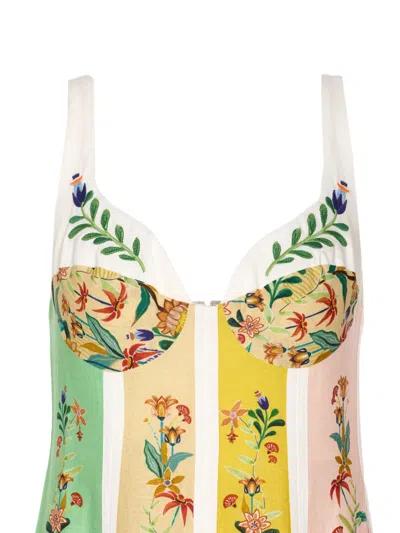 Farm Rio Delicate Floral Stripes Midi Dress In Green