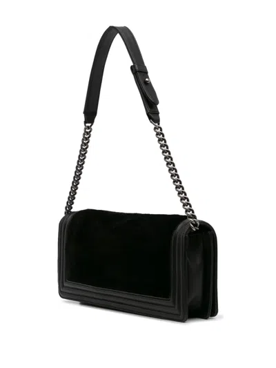 Pre-owned Chanel 2013-2014 Shearling East West Boy Flap Shoulder Bag In Black