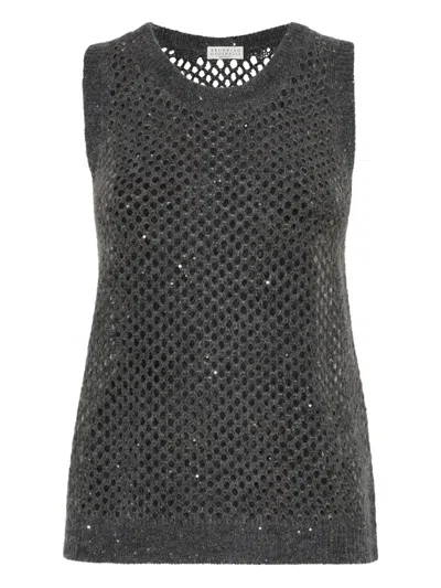 Brunello Cucinelli Dazzling Mesh Knitted Vest In Gray