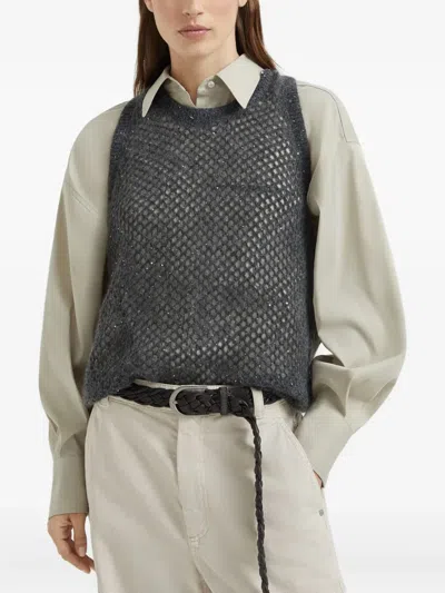Brunello Cucinelli Dazzling Mesh Knitted Vest In Gray
