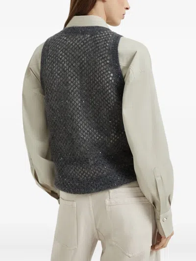 Brunello Cucinelli Dazzling Mesh Knitted Vest In Gray