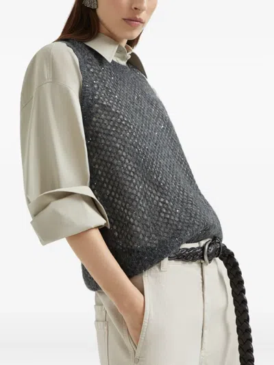 Brunello Cucinelli Dazzling Mesh Knitted Vest In Gray