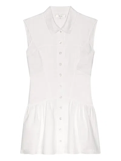 Frame Gathered Linen Mini Shirt Dress In White