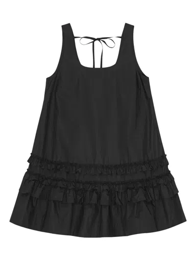 Ganni Ruffle Sleeveless Square Neck Mini Dress In Black