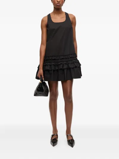 Ganni Ruffle Sleeveless Square Neck Mini Dress In Black