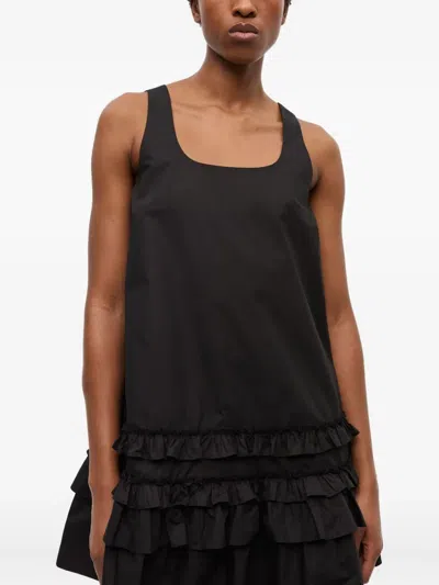 Ganni Ruffle Sleeveless Square Neck Mini Dress In Black