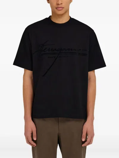 Ferragamo Crew Neck Graphic Print Short Sleeves T-shirt In Black