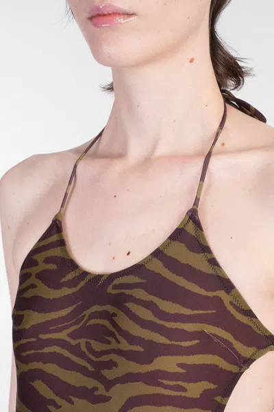 Attico Green Swimsuit With Halterneck With Tie And All-over Print In Tech Fabric Stretch Woman