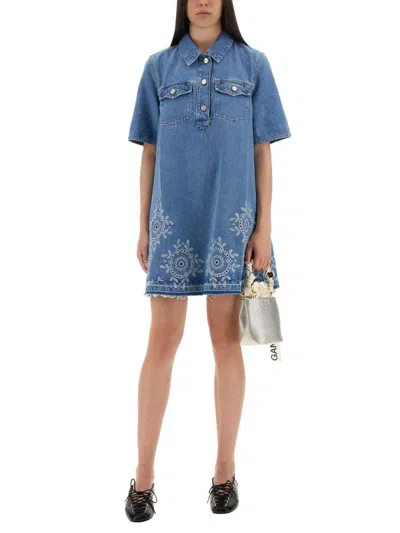Ganni Denim Dress With Embroidered Hem And Pockets In Blue