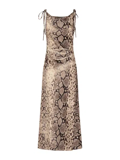 Acne Studios Snake Print Midi Dress With Side Slit In Brown