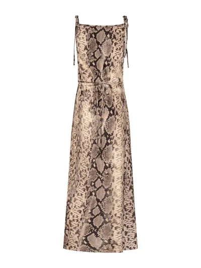 Acne Studios Snake Print Midi Dress With Side Slit In Brown