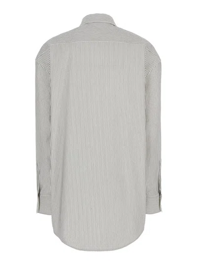 Saint Laurent Grey Shirt With Cassandre Embroidery And All-over Striped Motif In Cotton Woman In White
