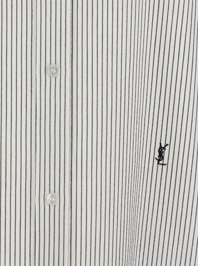 Saint Laurent Grey Shirt With Cassandre Embroidery And All-over Striped Motif In Cotton Woman In White