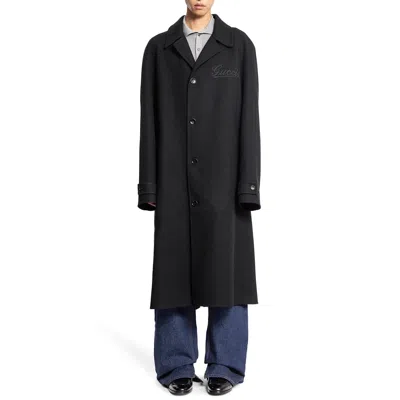 Gucci Black Single-breasted Coat With Wide Notched Revers And Belt In Wool Man